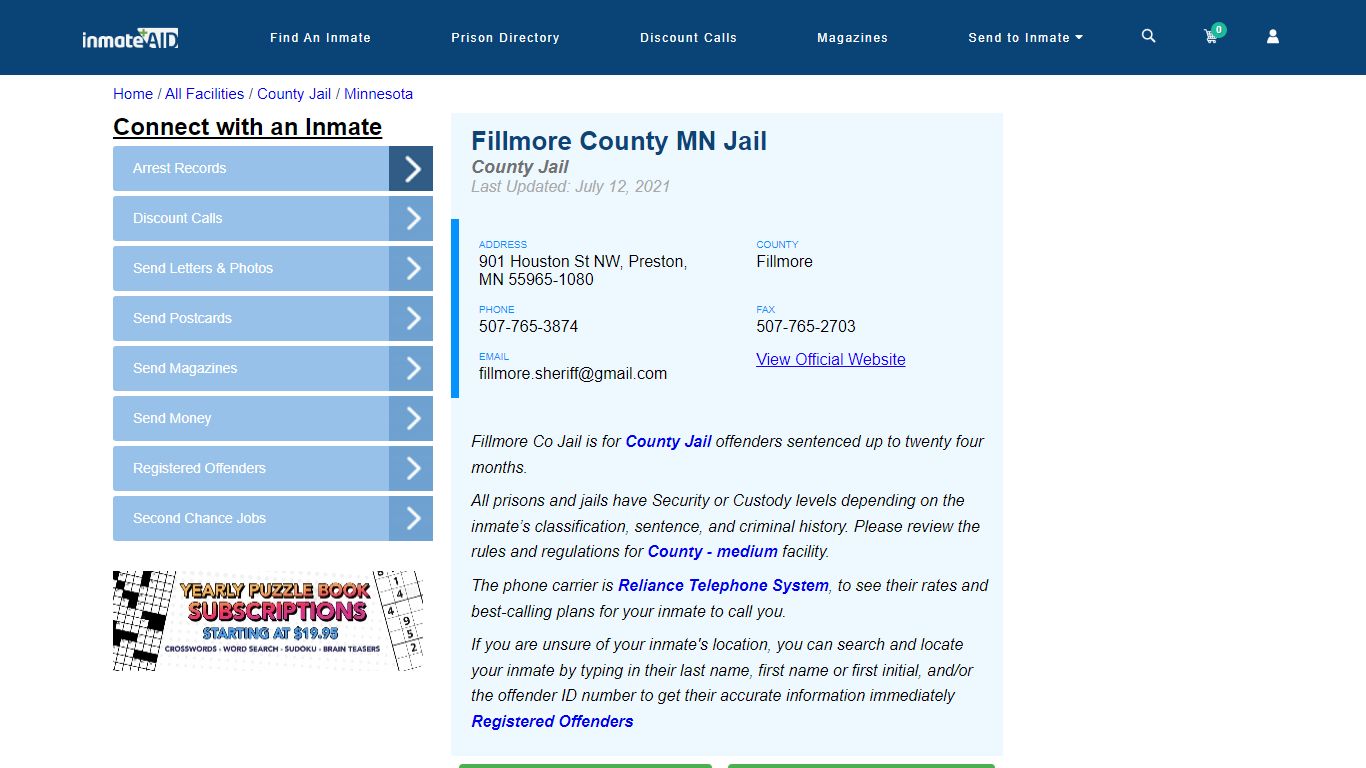 Fillmore County MN Jail - Inmate Locator